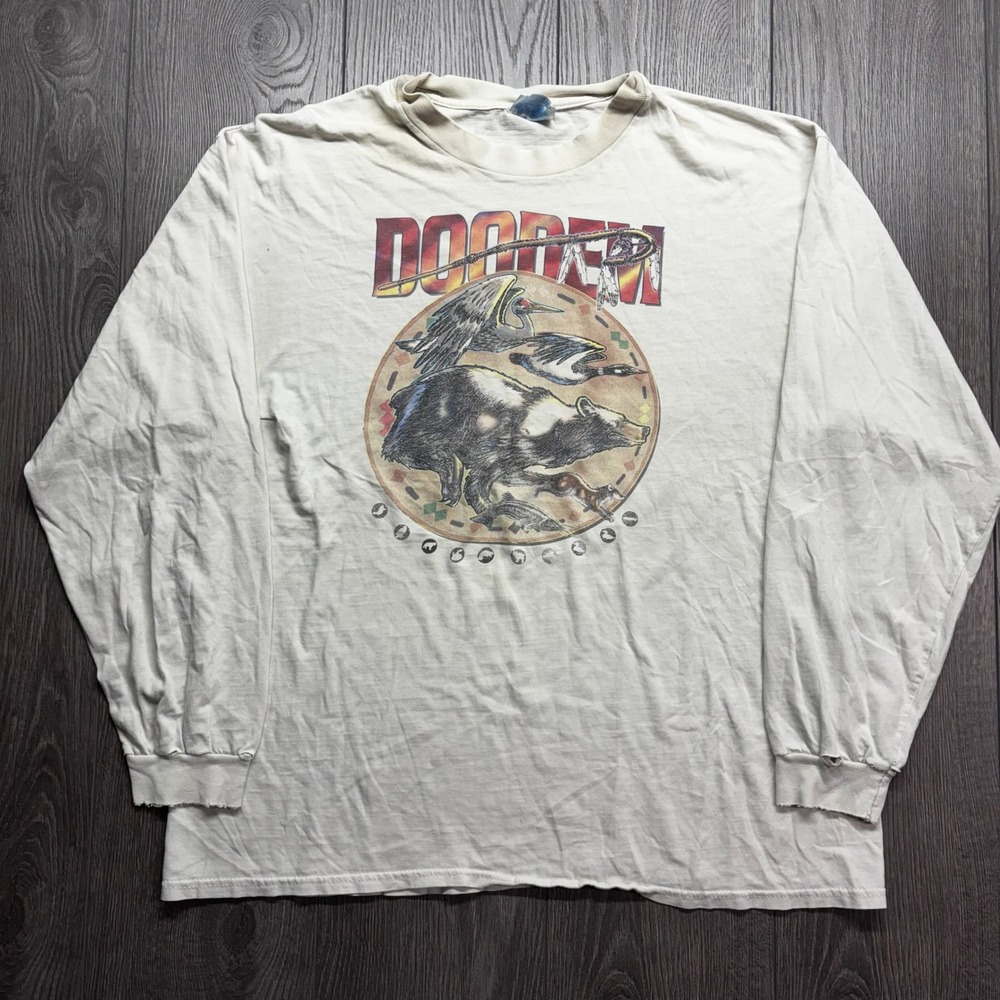 Vintage Doodem Nature XL Graphic Long Sleeve Shirt Mens Cream Distressed